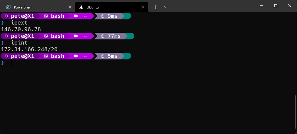 screenshot of a terminal running Linux with the Bash shell.  The user has entered the command &ldquo;ipext&rdquo; and the external IP address has been returned