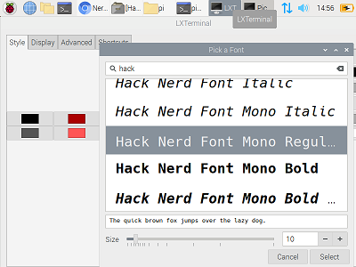 Screenshot of LXTerminal, showing the settings screen. The setting for Font is displayed and has been highlighted. It is set to font &ldquo;Hack Mono Regular&rdquo;