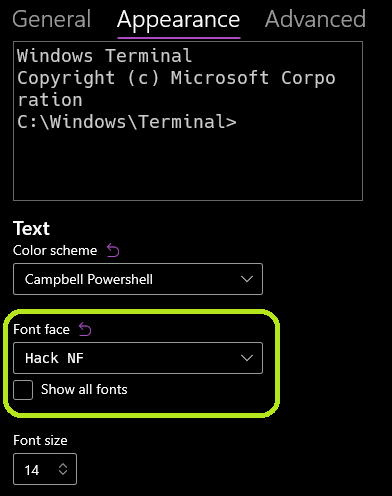 Screenshot of Windows Terminal, showing the settings screen. The setting for Font is displayed and has been highlighted. It is set to font &ldquo;Hack NF&rdquo;