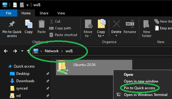 screenshot of Windows Explorer, highlighting the address bar, pin to quick access button and the list of quick access short cuts